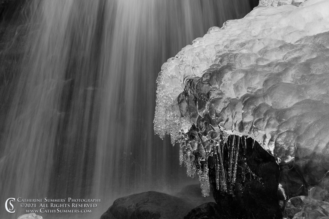 20210308_110: horizontal, waterfall, winter, Shenandoah National Park, stream, ice, Blue Ridge Mountains, black and white, water, long exposure, Dark Hollow Falls