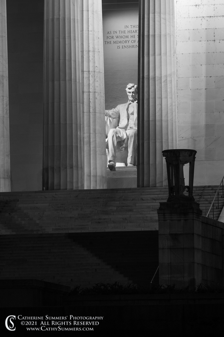 20210322_002: vertical, statue, Lincoln Memorial, black and white, night