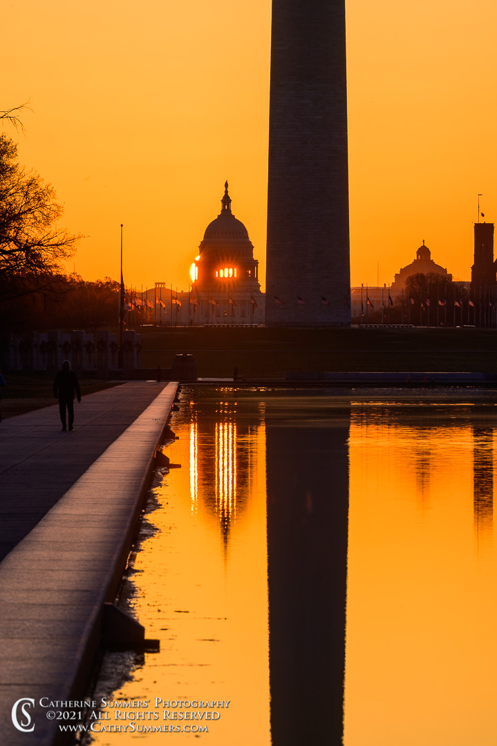 20210322_008: vertical, reflection, Washington Monument, US Capitol, sunrise, Reflecting Pool, equinox