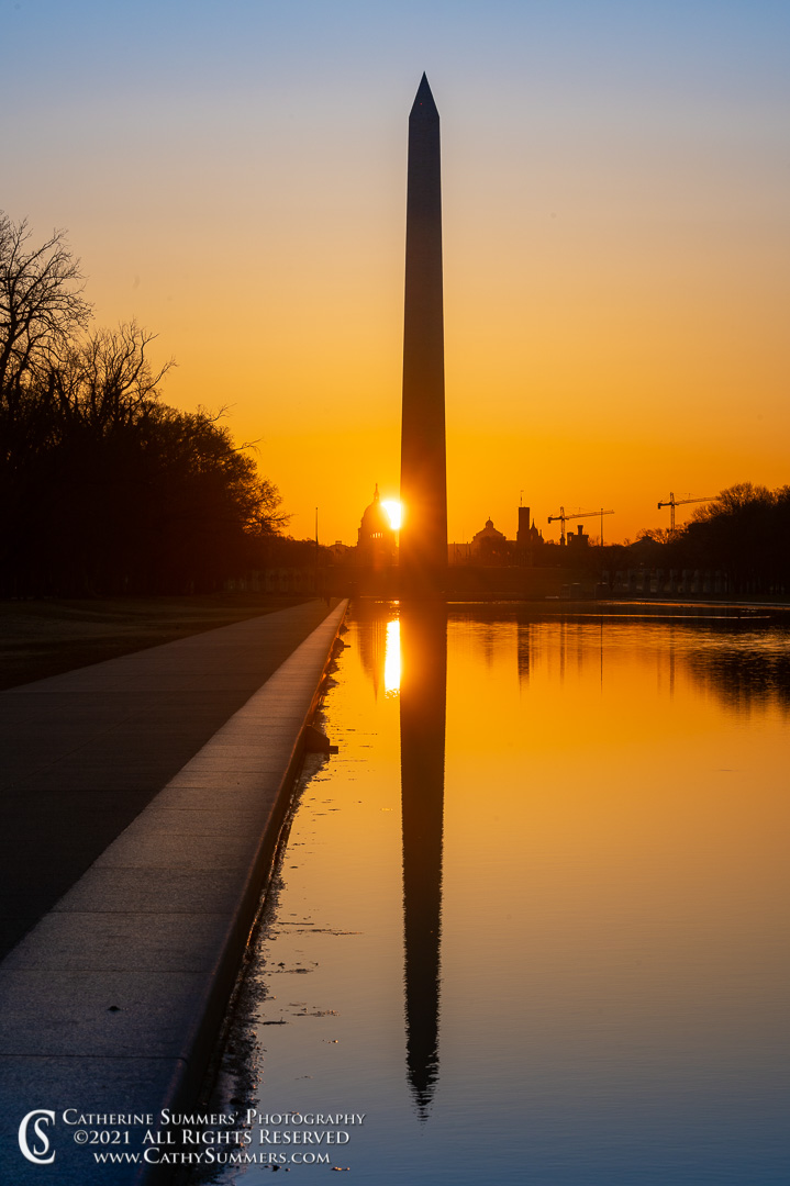 20210322_016: vertical, reflection, Washington Monument, US Capitol, sunrise, Reflecting Pool, equinox