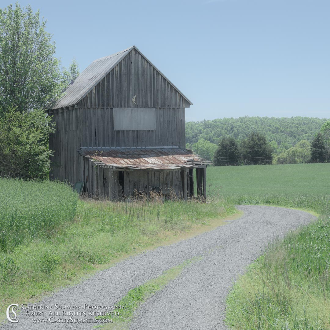 20210506_001: barn, field, road, gravel road, desaturated