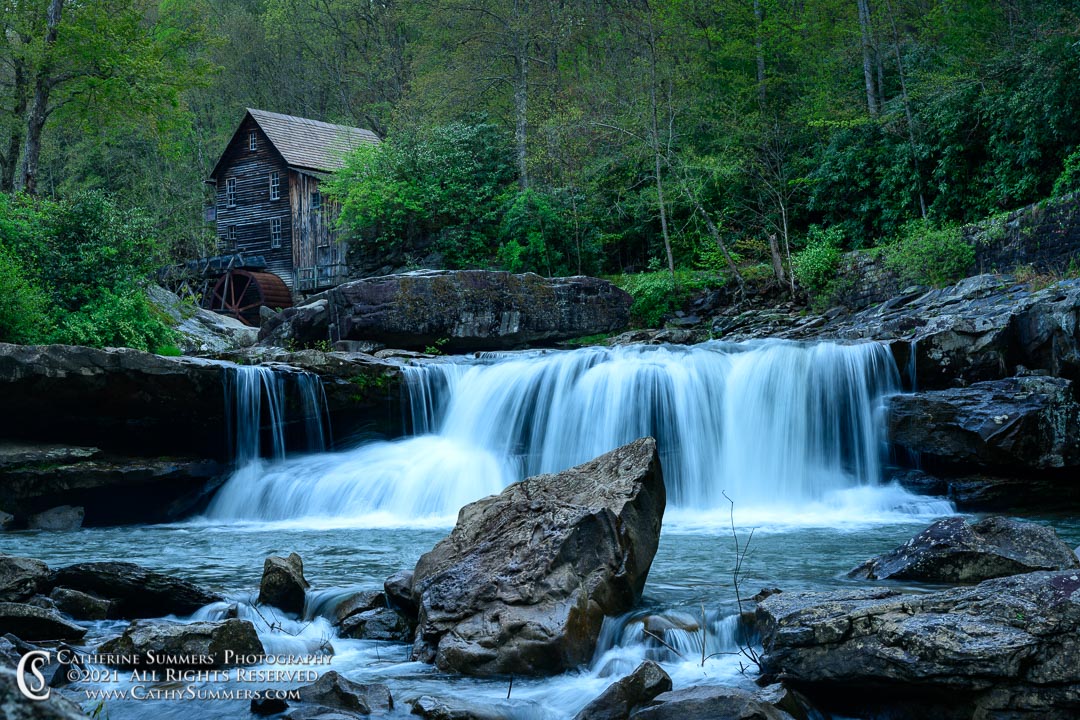 20210509_025: dusk, spring, waterfall, stream, Glade Creek Grist Mill