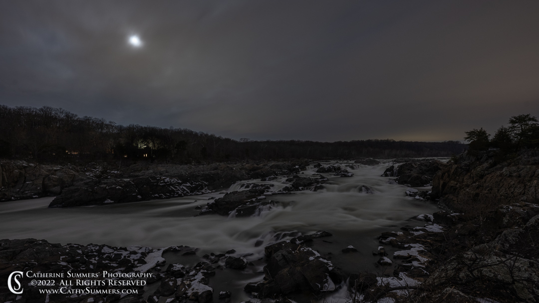Moon in the Clouds Before Dawn on a Winter Morning at Great Falls
