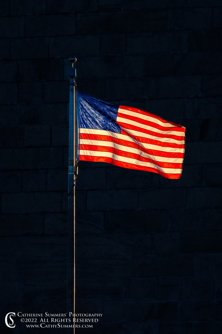 Sunlit Flag Against the Shadowed Washington Monument