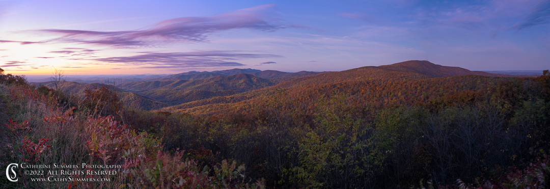 20221028_NZ93454: horizontal, autumn, Shenandoah National Park, dawn, Blue Ridge Mountains, Skyline Drive, panorama, Range View Overlook