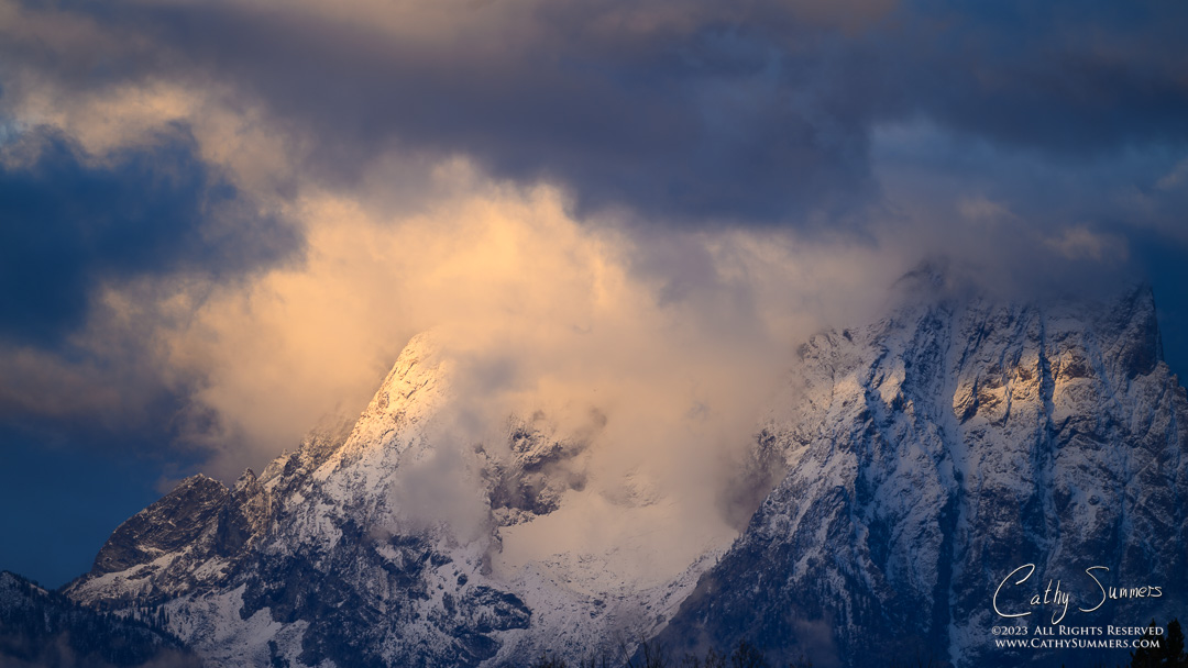 Early Morning Sunlight and Clouds on Mount Moran, Grand Teton National Park