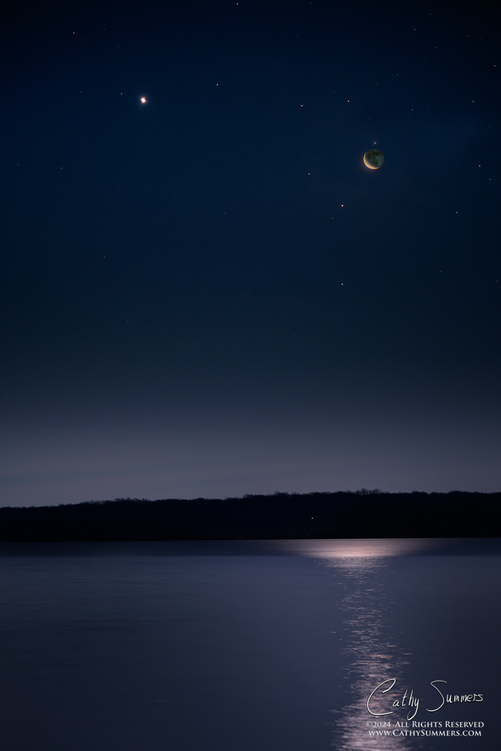 Crescent Moon, Antares and Venus Over the Potomac River