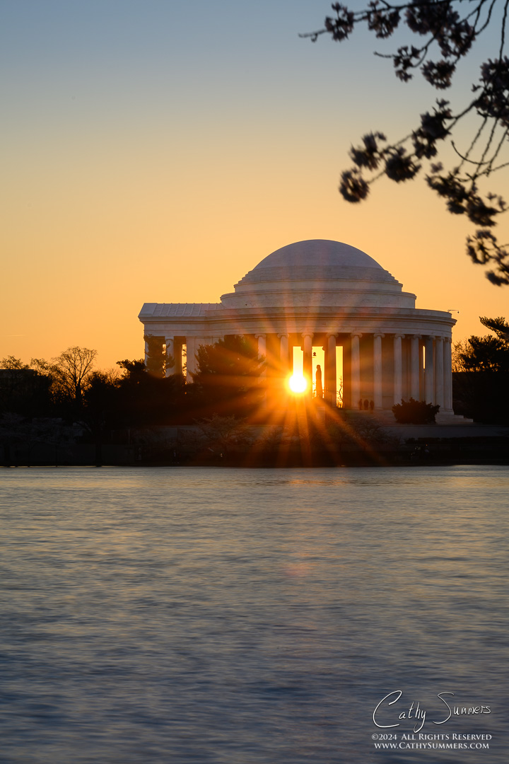 20240322_NZ80926: Cherry Blossom, DC, Jefferson Memorial, Tidal Basin, Washington, reflection, sunrise, sunstar
