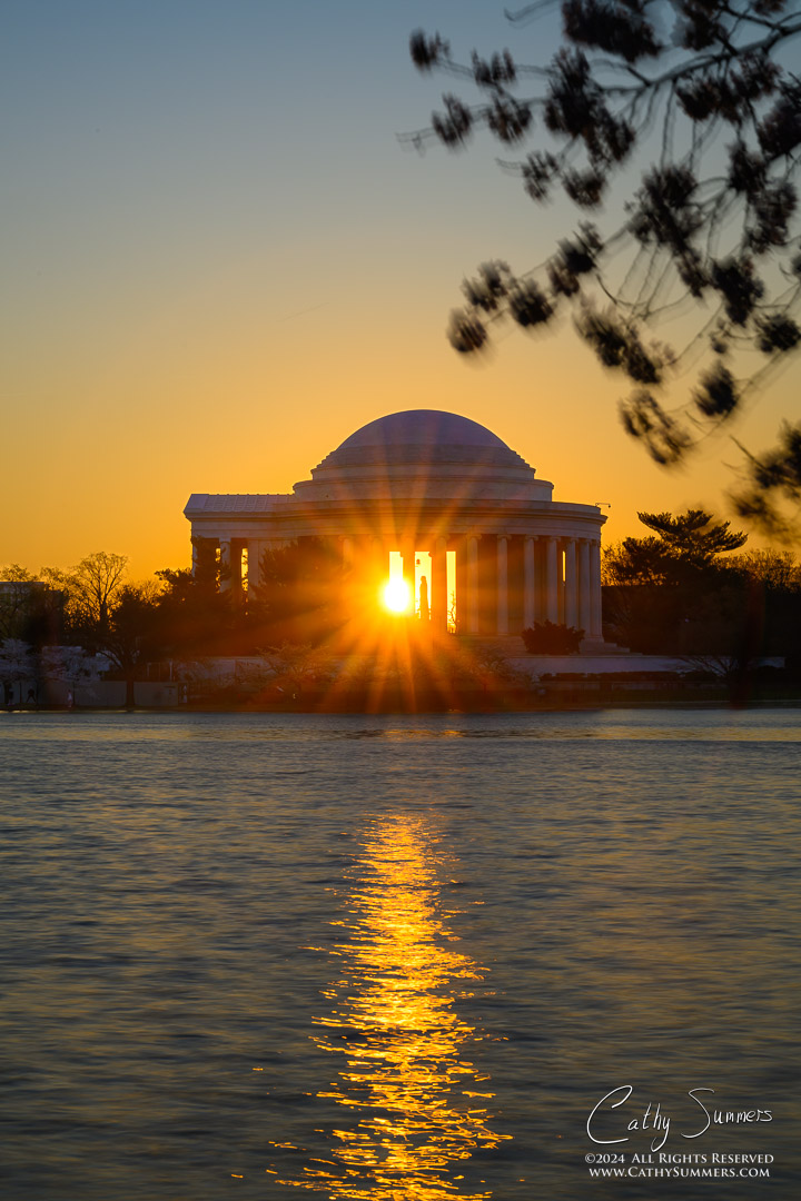 20240322_NZ80930: Cherry Blossom, DC, Jefferson Memorial, Tidal Basin, Washington, reflection, sunrise, sunstar