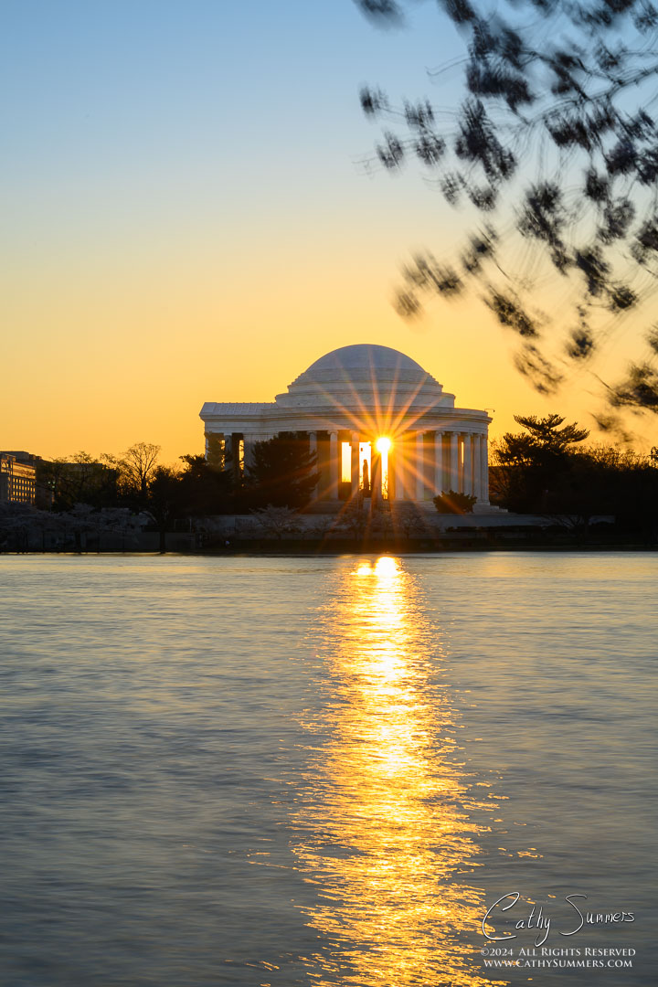 20240322_NZ80952: Cherry Blossom, DC, Jefferson Memorial, Tidal Basin, Washington, reflection, sunrise, sunstar