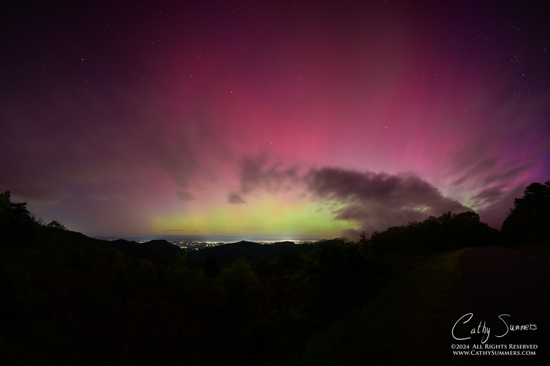 20240511_NZ94451: clouds, Shenandoah National Park, Blue Ridge Mountains, night, stars, composite image, astrophotography, aurora borealis