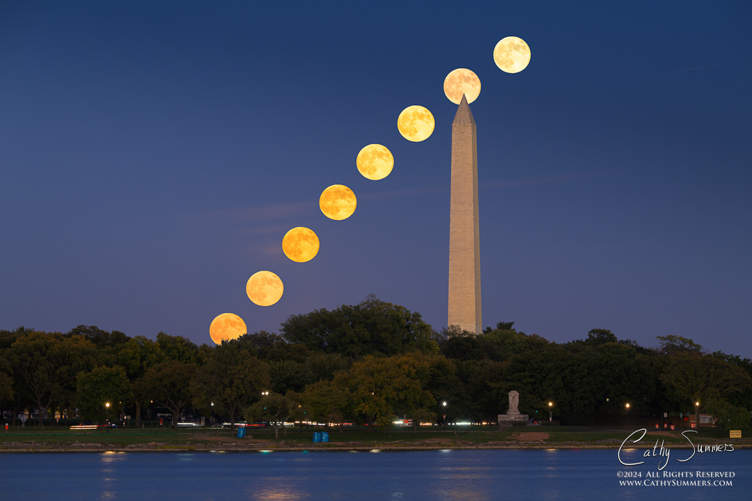 Hunters Moon Rising Over the Washington Monument - Composite Photo