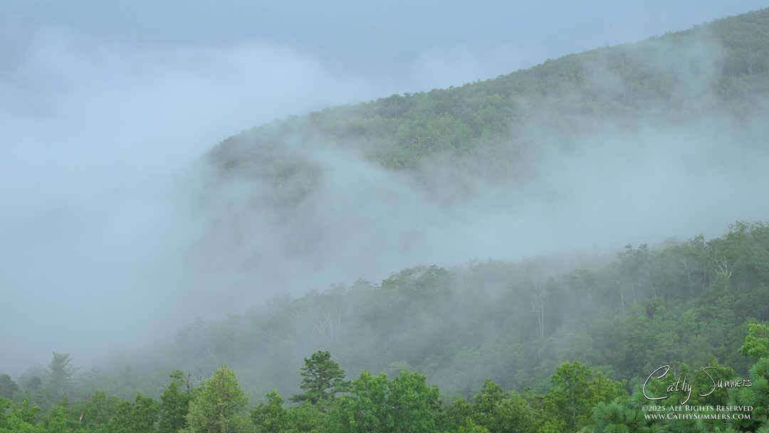 Rainy Day Clouds Below and on the Blue Ridge Mountains in Shenandoah National Park - BW