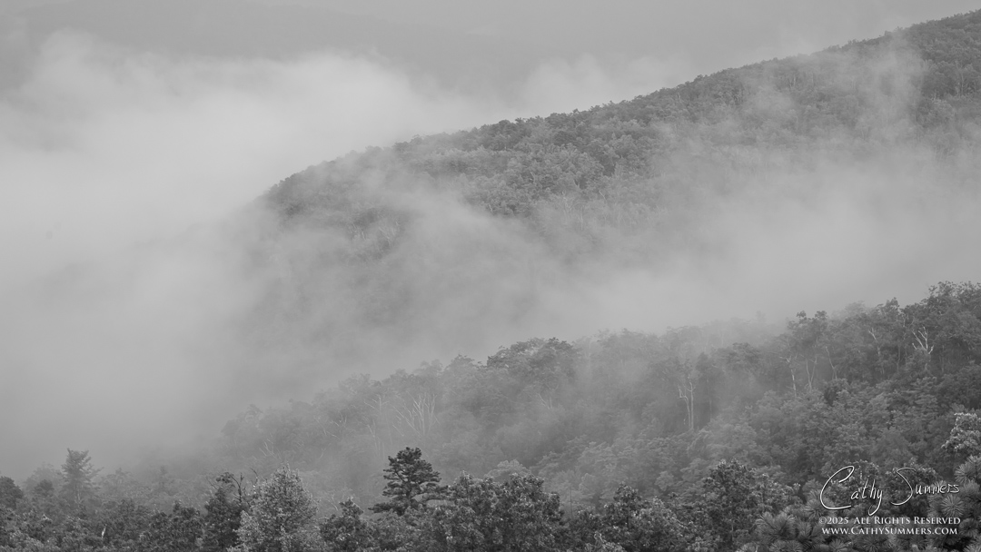 Rainy Day Clouds Below and on the Blue Ridge Mountains in Shenandoah National Park - BW