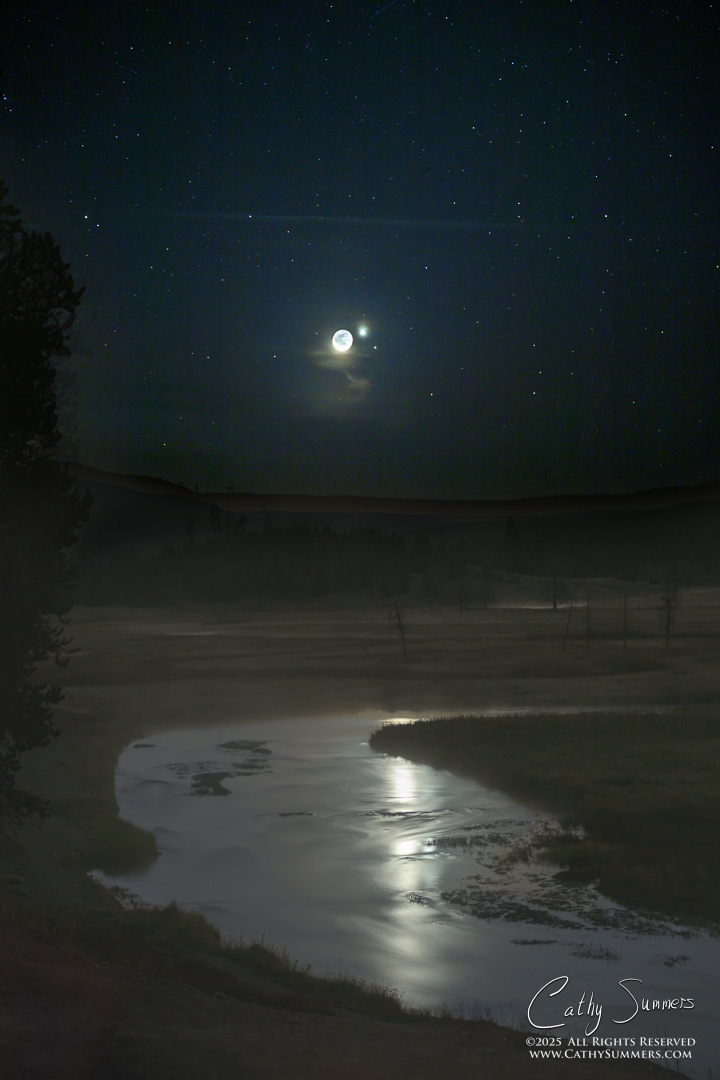 Moon, Venus and Regulus Conjunction Over the Gibbon River at Madison Junction, Yellowstone National Park - Composite Image