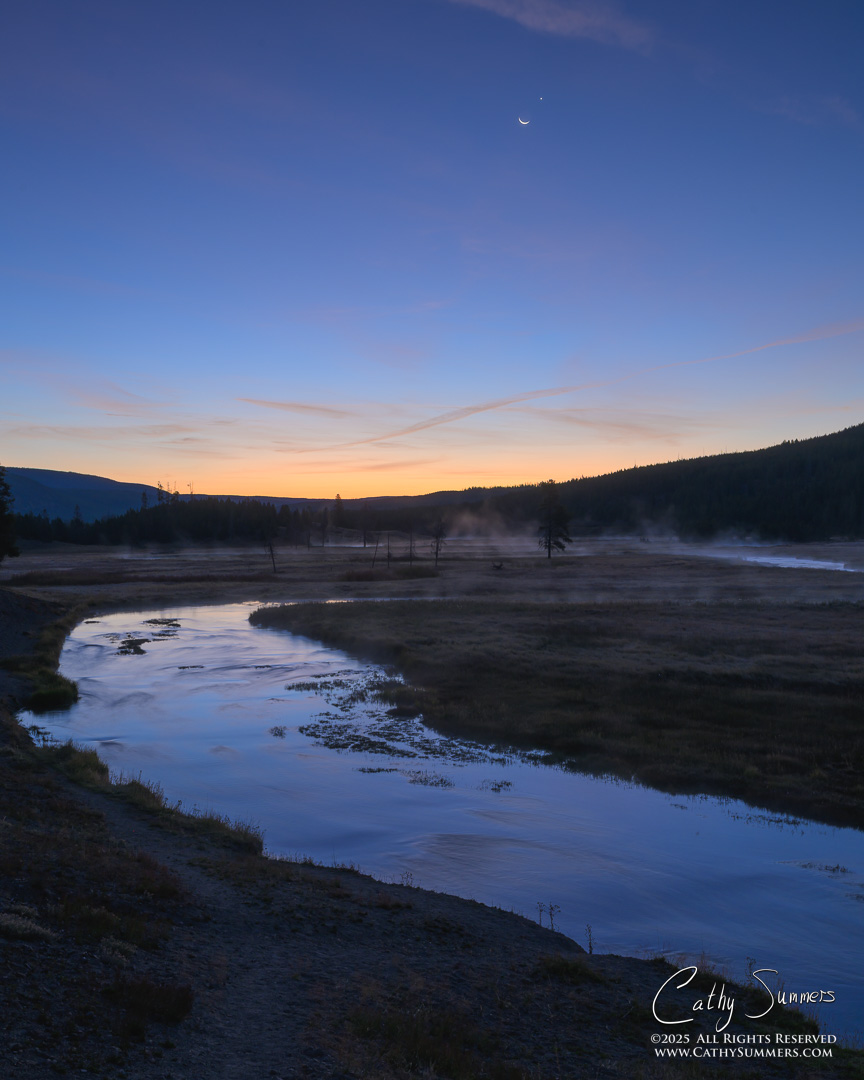 Moon and Venus Still Visible in the Dawn Sky Over the Gibbon River at Madison Junction, Yellowstone National Park