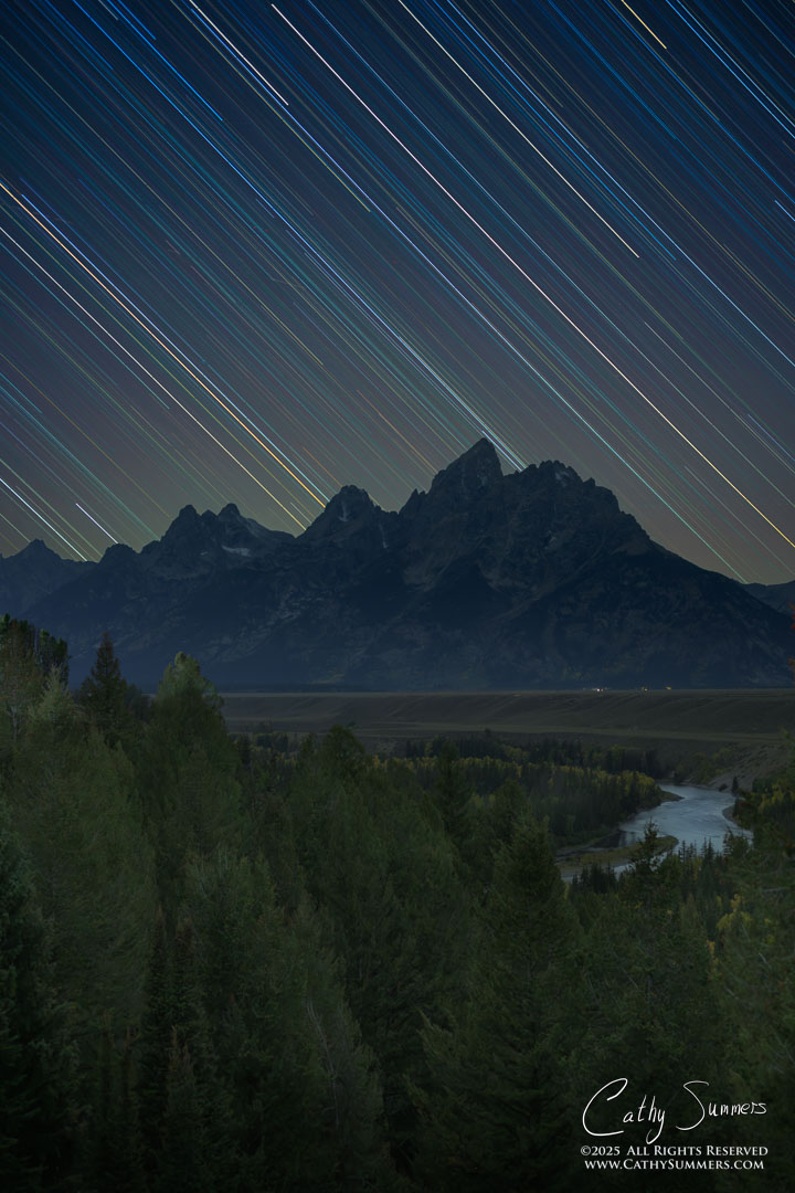 Star Trails Over the Grand Teton from the Snake River Overlook - Composite Photo ~ Two Hours of Stacked Images