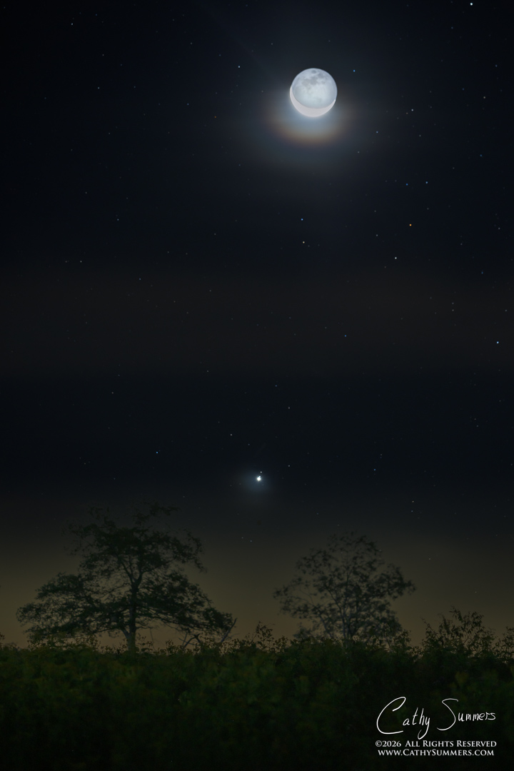 Jupiter and a Waning Crescent Moon Rising Over Big Meadows, Shenandoah National Park - Composite Photo