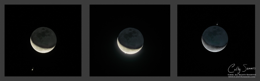 jupiter, moon, crescent moon, harvest moon, occultation, composite photo, shenandoah national park