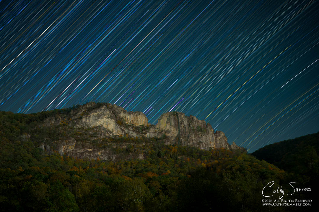 seneca rocks, west virginia, star trails, astrophotography, moonlight, autumn, composite photo