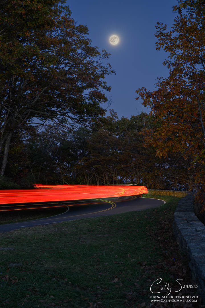 Hunters Moon & Traffic Headed Home After Sunset in Shenandoah National Park - Composite Photo (~3 minutes of taillights)