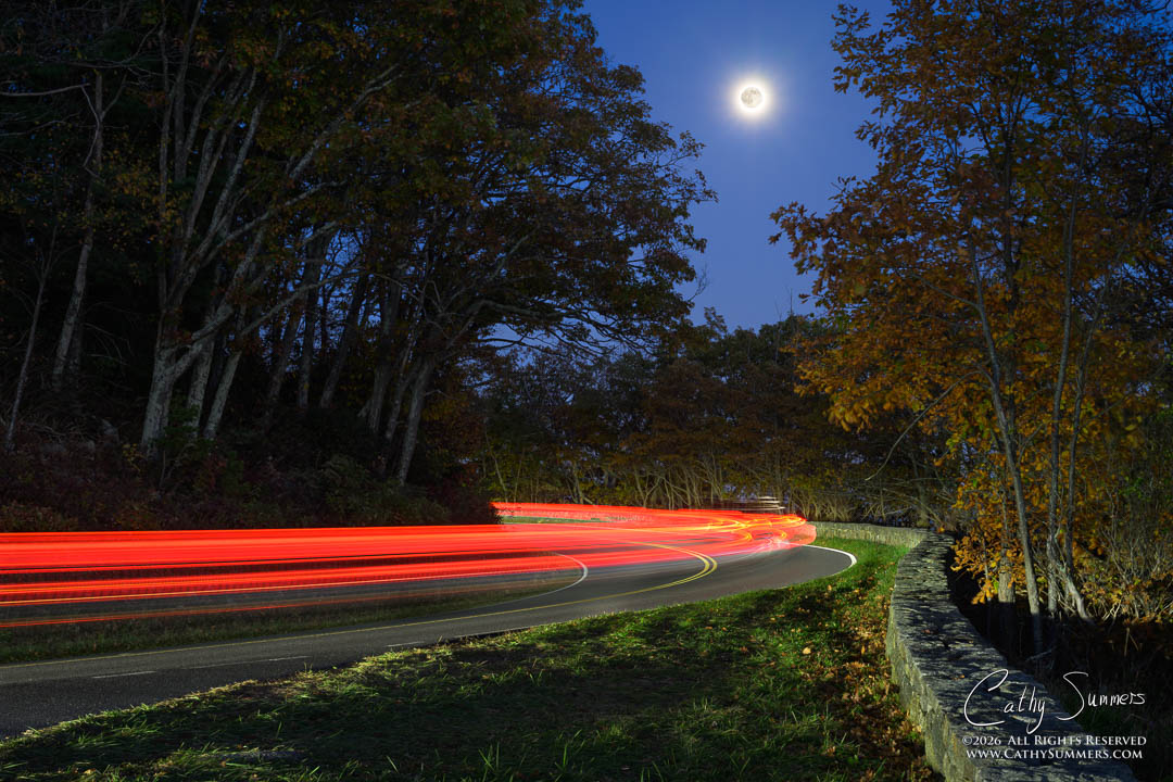 Hunters Moon & Traffic Headed Home After Sunset in Shenandoah National Park