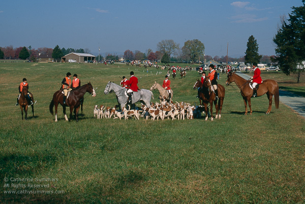 FH_1990_021: Jill Summers, hounds, Huntsman, Foxfield, Jack Eicher, Paul Summers, Staff, John Birdsall, Pat Butterfield, Sherry Buttrick, Opening Hunt, Donna Eicher, Sue Coughlin
