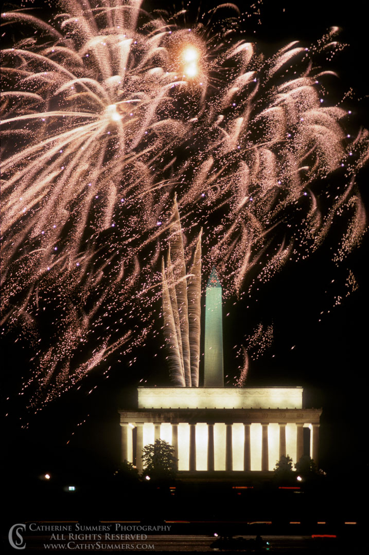 Fireworks, Lincoln Memorial & Washington Monument #10 (B&W):  Washington, DC